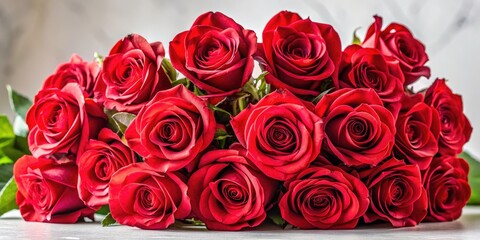 Obraz premium Stunning floral photography showcases a panoramic red rose bouquet, sharply detailed against a pure white background.