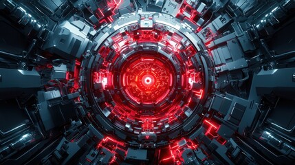 Obraz premium A futuristic, abstract design featuring a central red light surrounded by metallic structures, evoking a high-tech, sci-fi atmosphere.