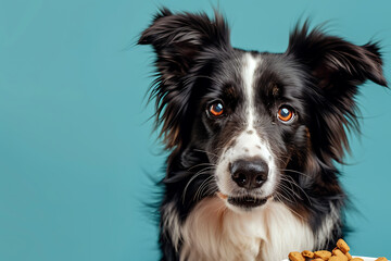 Fototapeta premium pet food advertisement, an alert border collie eats against a simple blue background, with its fluffy fur standing out, as if in an advertisement