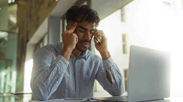 Hispanic man appears tired while on a phone call in a modern office setting, suggesting a demanding work environment with a laptop and large windows.