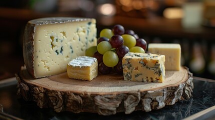 Rustic wooden platter holds artisanal cheeses grapes.  Dim lighting enhances the textures.  A beautiful cheese & fruit display.