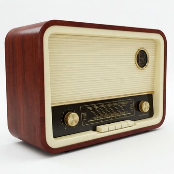 vintage retro wooden radio receiver with gold accents on white background  3d render  stock photo