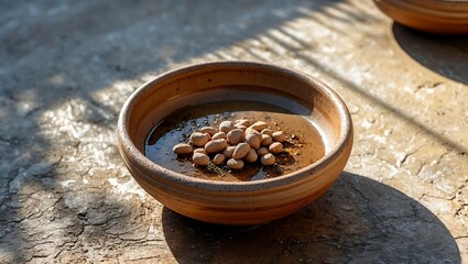 Rustic ceramic bowls bathed in sunlight and shadows