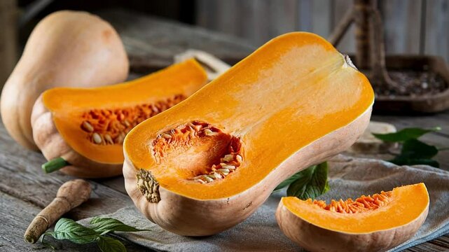 Sliced butternut squash displayed on rustic table, showcasing vibrant orange.