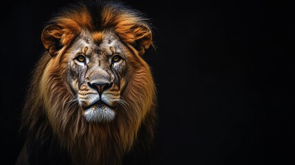 Fototapeta premium Portrait of a majestic lion, isolated on a black background, with copy space concept. World Wildlife Day campaign.