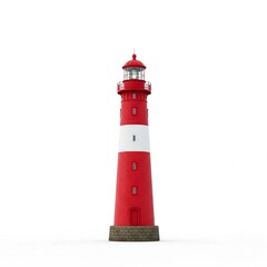 red and white lighthouse standing tall against a white background  isolated 3d render  ocean navigation beacon  coastline landmark  safety symbol  seafaring  maritime  illustration