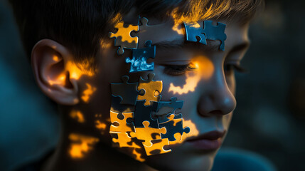 A boy with a face made of playful puzzle pieces, each piece representing a different memory or dream, illuminated by soft warm light