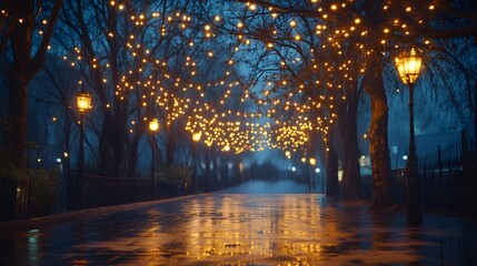 Naklejka premium Enchanting night walk under twinkling fairy lights and rain-soaked pavement.