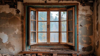 Rustic window framed by antique wood in abandoned interior