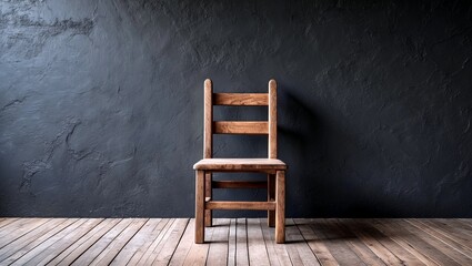 Rustic wooden chair against textured dark wall