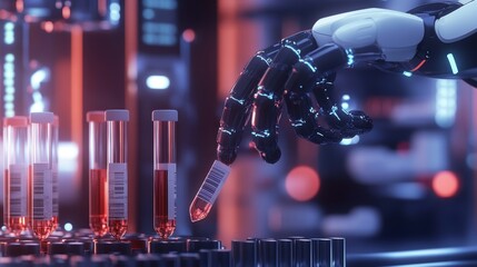A closeup view of a robotic gripper meticulously picking up a labeled sample tube illustrating the automations dexterity and careful handling of potentially volatile substances with