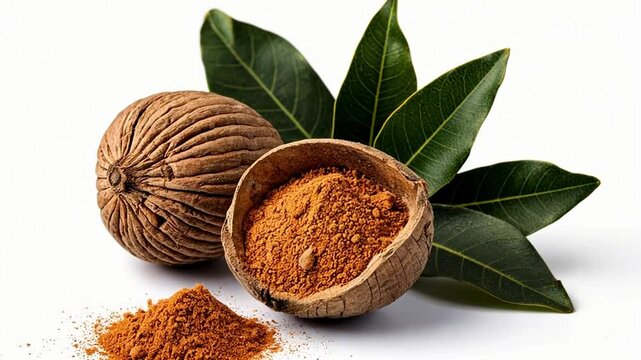 Whole and ground nutmeg spice, rich brown color.