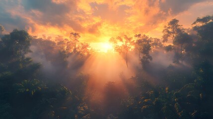 Naklejka premium Majestic sunrise illuminating a vibrant jungle landscape with golden rays.