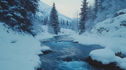 Fototapeta premium Serene winter landscape featuring a snow-covered river and evergreens.