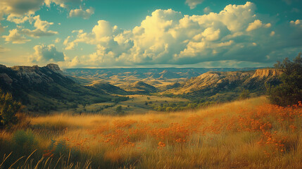 Tranquil plain valley sunset at theodore roosevelt national park. Travel postcard poster illustration