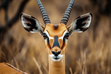 A beautiful impala looking at the camera in National Park. Animal World Wildlife Day photography concept.
