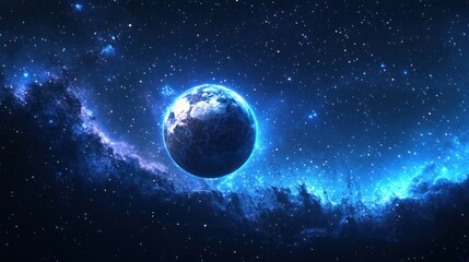 Naklejka premium Blue planet Earth in deep space nebula.