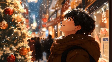 Obraz premium Young Asian man admires a Christmas tree in a festive, snow-filled street scene.