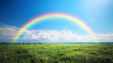 Obraz premium Vibrant Rainbow Over Lush Green Field Nature Landscape Photography Bright Day View