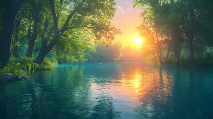 Obraz premium Sunrise Reflection Over Serene River Tranquil Forest Nature Photography Peaceful Environment