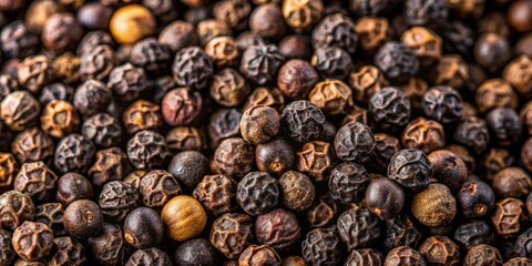 Obraz premium Top-down macro reveals the intricate detail of pungent black peppercorns, a key culinary spice.