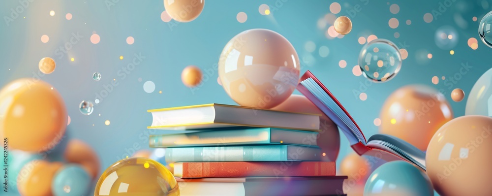 Poster 3d illustration of a pile of books topped with a large sphere, with additional spheres hovering in the background
