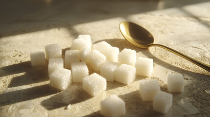 Sugar cubes scattered on a textured surface, next to a gold spoon.  Sunlight highlights the scene.