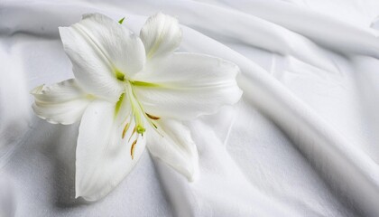 Obraz premium White Stargazer Lily Flower on a Draped Soft White Silk Fabric