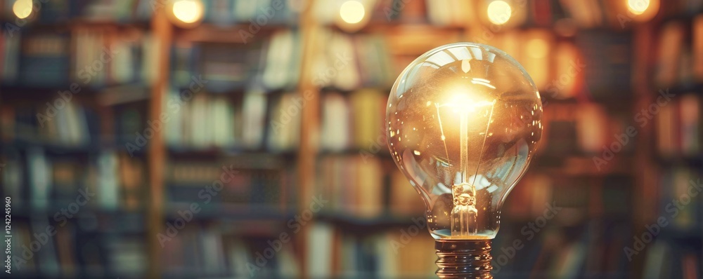 Poster bright light bulb is glowing in a library, suggesting the power of knowledge and ideas