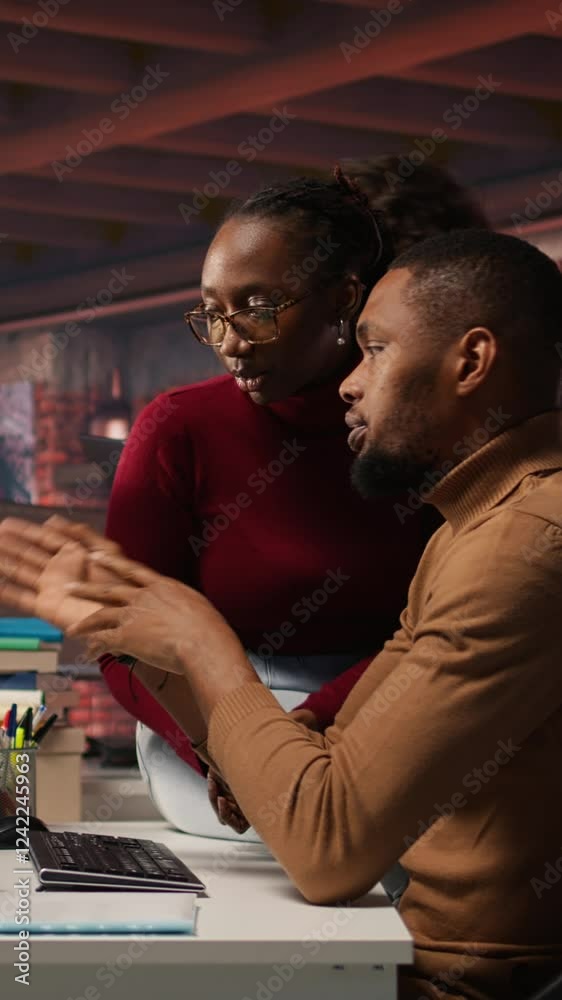 Poster vertical video team of technicians create machine learning models analyzing data in artificial intel
