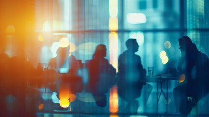 Silhouettes of Business People Engaged in Conversation in Cafe