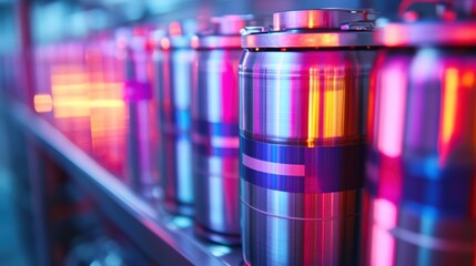 A medium closeup photograph capturing a series of stainlesssteel cryogenic canisters arranged neatly within a storage system. The canisters are designed with clear labeling and colorcoded