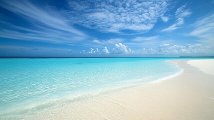 Obraz premium Tropical beach paradise with pristine white sand, crystal-clear turquoise waters, and a gently swaying palm tree under a bright blue sky