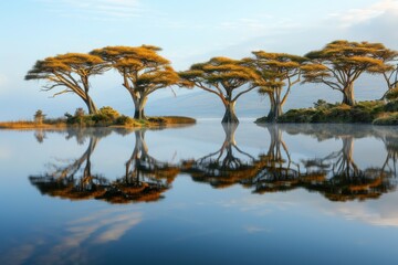 Fototapeta premium Tranquil lake mirrors acacia trees. Golden foliage reflects perfectly in still water under a pale sky. Serene nature scene.