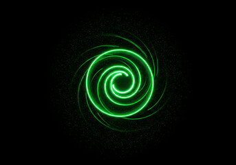 Naklejka premium Green Neon Spiral Light Effect on Black Background, Abstract Energy Vortex