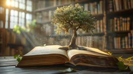 Tree growing from open book representing knowledge and education in a library