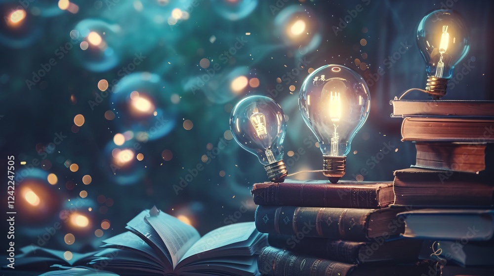 Aufkleber light bulbs glowing on top of old books with a magical background suggesting a source of knowledge