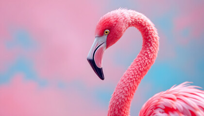 Fototapeta premium Pink Flamingo Portrait Against Pastel Sky