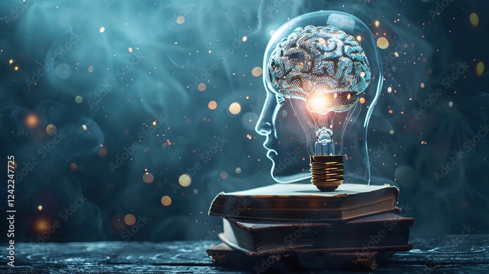 Aufkleber light bulb with brain inside resting on top of old books suggesting studying and imagination
