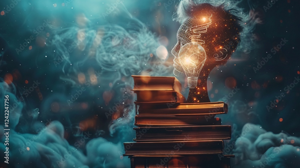Poster human head silhouette filled with universe and glowing lightbulb emerging from stack of old books