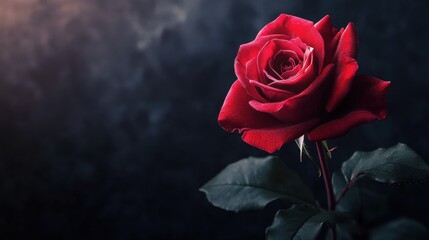 A Single Dark Red Rose Against A Smoky Background