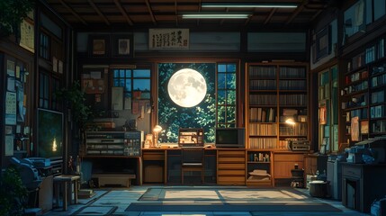 Tranquil interior of a cozy study with a view of the full moon.