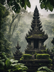A stunning Balinese temple surrounded by lush greenery and a serene river, bathed in soft sunlight. A peaceful, mystical atmosphere enhances the beauty of this tropical paradise.