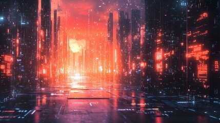 Fototapeta premium Futuristic cityscape with glowing neon lights and reflections.