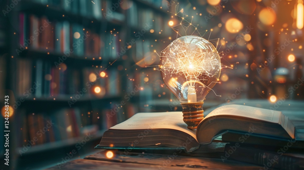 Aufkleber light bulb illuminates the knowledge within a library as it stands on an open book
