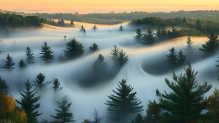 Fototapeta premium Ethereal fog envelops a tranquil forest at dawn with gentle undulations in the landscape.