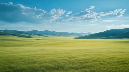 Fototapeta premium Serene green valley landscape under a blue sky with puffy clouds.