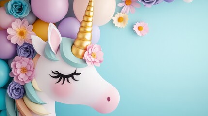 Obraz premium Whimsical Unicorn with Flowers and Balloons on Blue Background