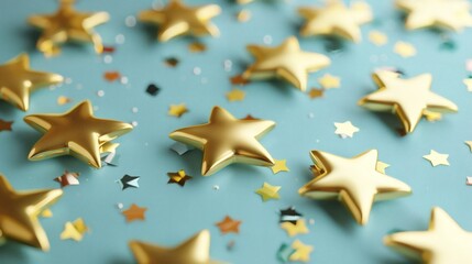 Shiny Gold Stars on Light Blue Background for Festive Decoration