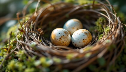 Three speckled eggs in a twig nest, symbolizing new beginnings, delicate life, and the beauty of nature, perfect for spring, Easter, or ecological content